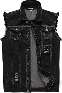 Men's Black Denim Vest Sleeveless Jean Jacket Slim Fit Retro 80’s Vest