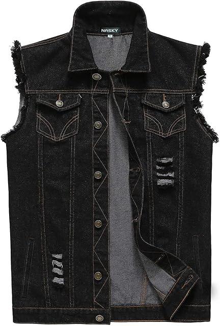 Men's Black Denim Vest Sleeveless Jean Jacket Slim Fit Retro 80’s Vest