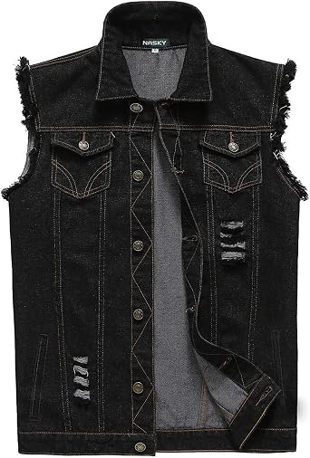 NASKY Mens Fit Retro Ripped Denim Vest Sleeveless Jean Vest and Jacket