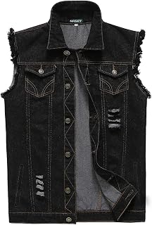 Men's Fit Retro Ripped Denim Vest Sleeveless Jean Vest and Jacket
