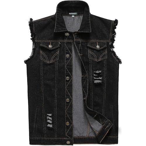 NASKY Men's Fit Retro Ripped Denim Vest Sleeveless Jean Vest and Jacket