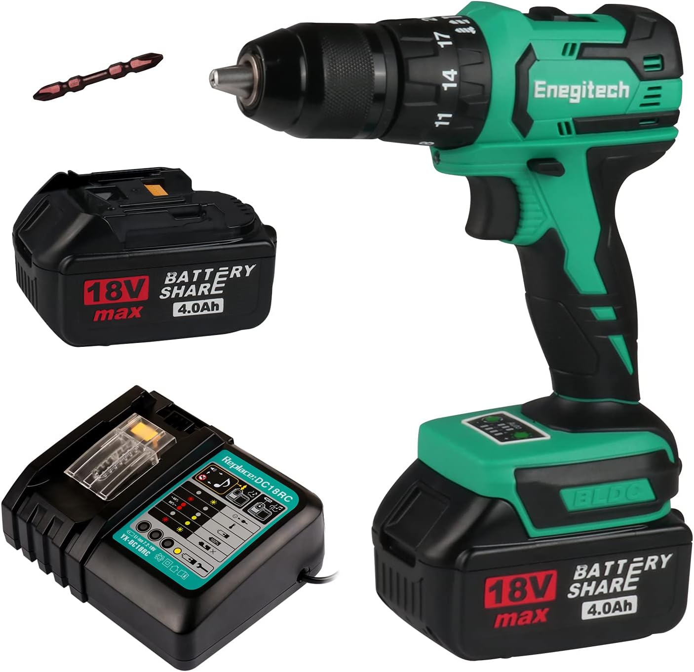 Enegitech 18V Compact Impact Drill Driver Combo, 1/2” Chuck Brushless Motor 20+1 Clutch Variable Speed Cordless Electric Power Tools with 2 x 4.0Ah Lithium-ion Battery and Fast Charger DC18RC