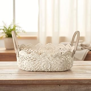 Wenqik Beige Lace Woven Basket with Handle 14"x 9"x 5" Bohemian Style Box Table Storage Decor Basket Organizer Toy Gifts Bin for Nursery Bathroom Kitchen Living Room