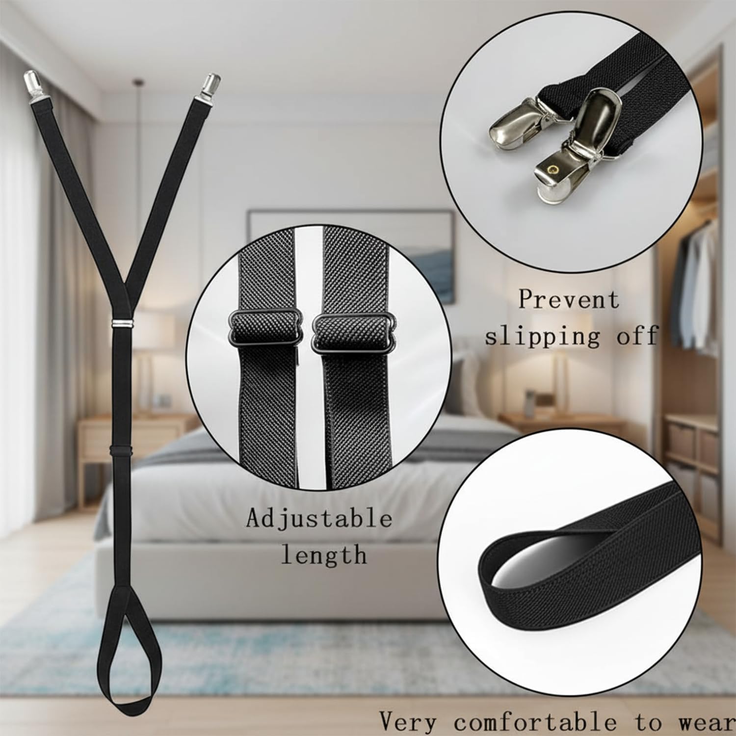 2PCS Y-shaped Shirt Stays with Foot Loop for Men Adjustable Dress Shirt Holder Straps Elastic Easy-to-Wear Shirt Garters Keeps Shirts Tucked in Men Extendable Shirts Keepers Non-slip Clamps Black