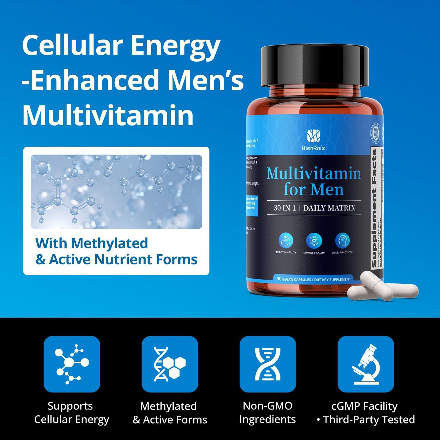 Men's Multivitamin with Methylated Vitamins, Cellular Energy Support, Non-GMO Daily Multivitamin for Men with CoQ10, PQQ, Saw Palmetto, Vitamins A C D3 K2 B Complex, 90 Capsules