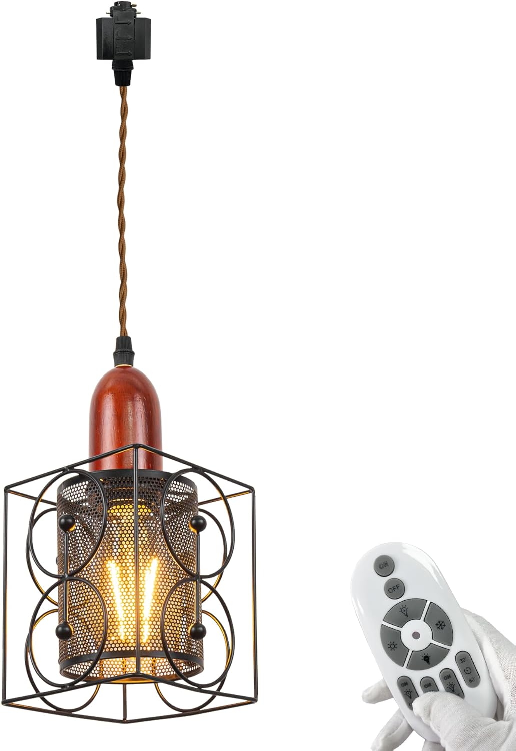 H-Type Track Pendant Light with 3.2ft Cord Industrial Vintage Stytle Double Lampshades Nordic Wood Socket Pendant Lamp Track Lighting with Smart Edison Bulb Timer for Kitchen Island Square