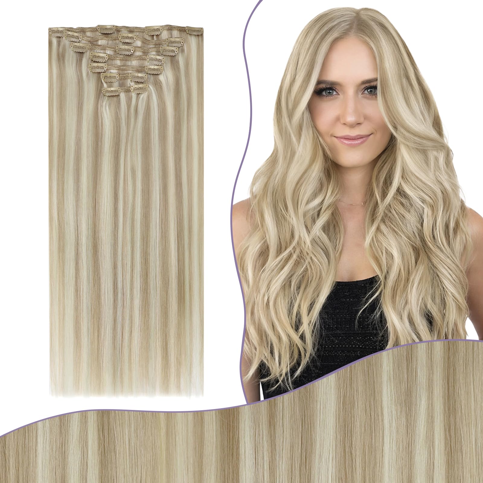 Fshine Extension Capelli Veri Clip 7 Pezzi 60cm 150g Biondo Cenere Misto Naturale Colore 16P22 Capelli Lisci Remy Volume Istantaneo Facili da Mettere Per un Cambiamento di Look Rapido e Naturale