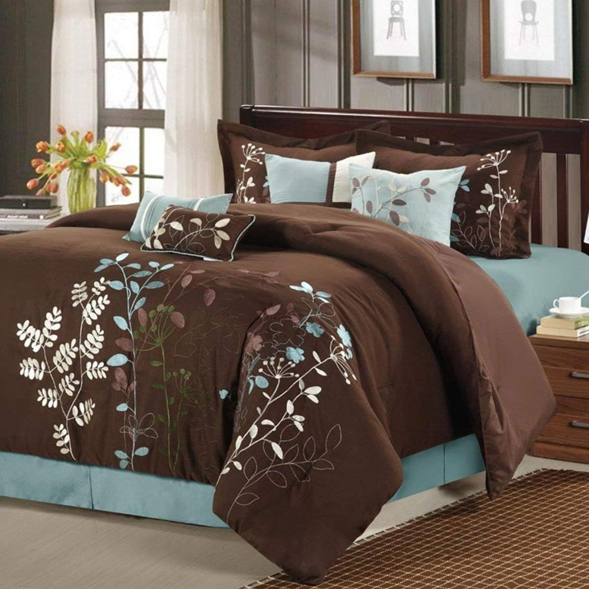 Chic Home Bliss Garden 8 Piece Embroidered Comforter Set, Queen, Brown