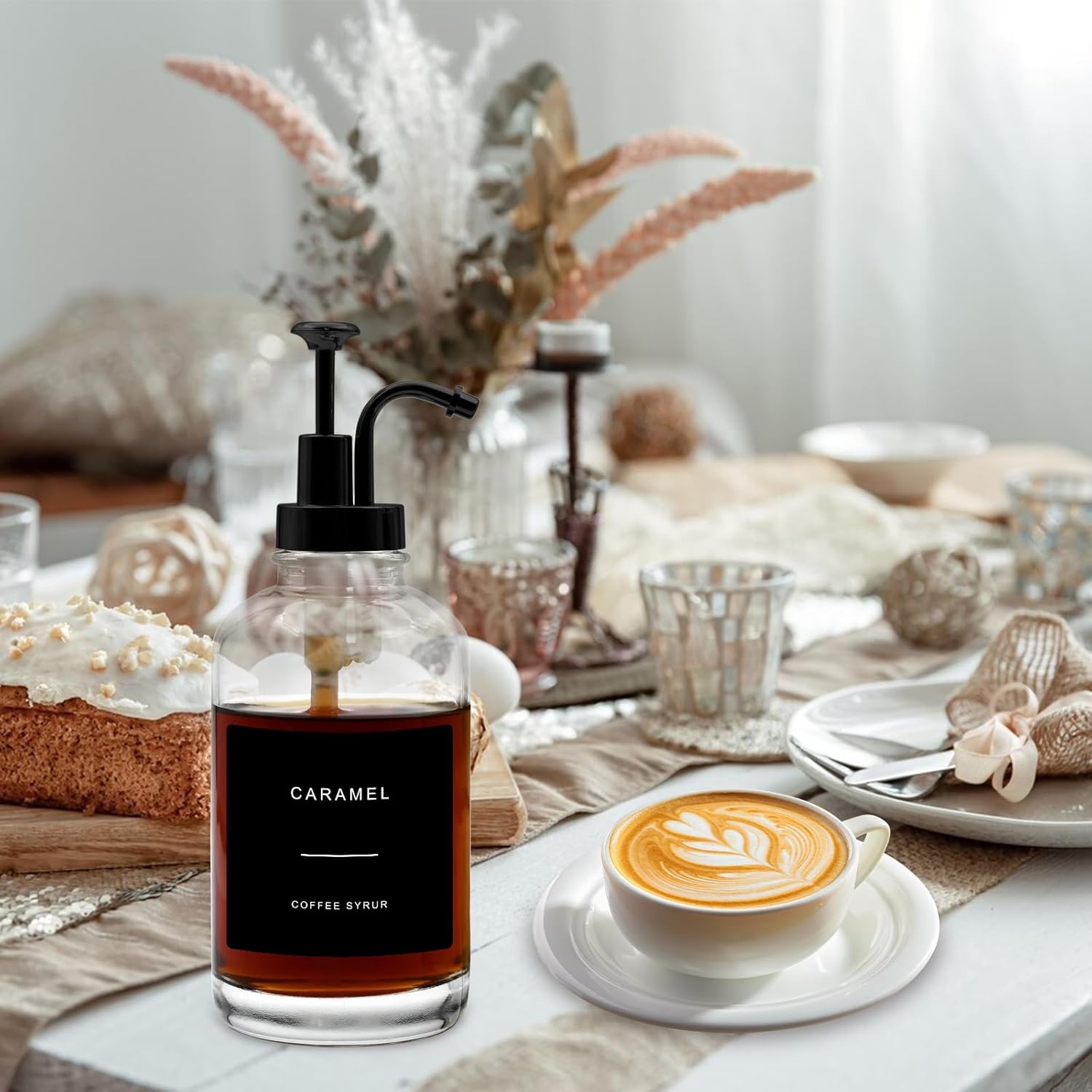 4-Pack Coffee Syrup Dispenser for Coffee Bar, 16.9 oz 500 ml Glass Syrup Bottle with 36 Labels, Syrup Pump Dispenser for Coffee Bar(Black Pump)