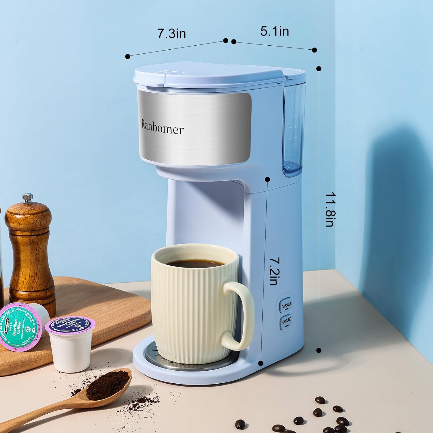 Ranbomer coffee maker with dimensions labeled: 5.1 inches width, 7.3 inches depth, 11.8 inches height.