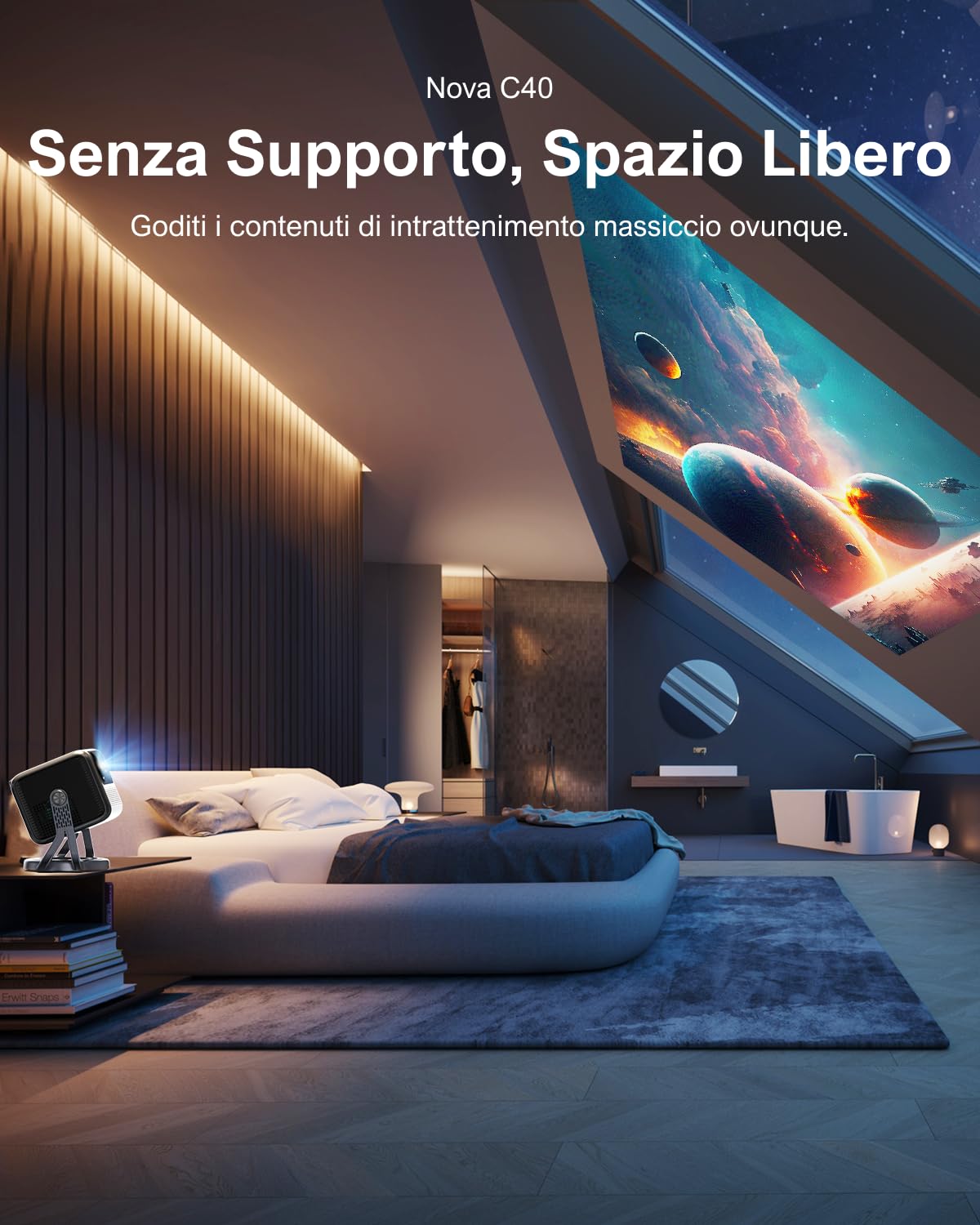 ULTIMEA Proiettore 4K Vero Android TV 11.0 con Netflix, Proiettori Full HD 1080P Portatile per esterni con 90°Rotabile, Videoproiettore 5G WiFi Bluetooth, 600 ANSI, Con Dolby Audio, Nova C40