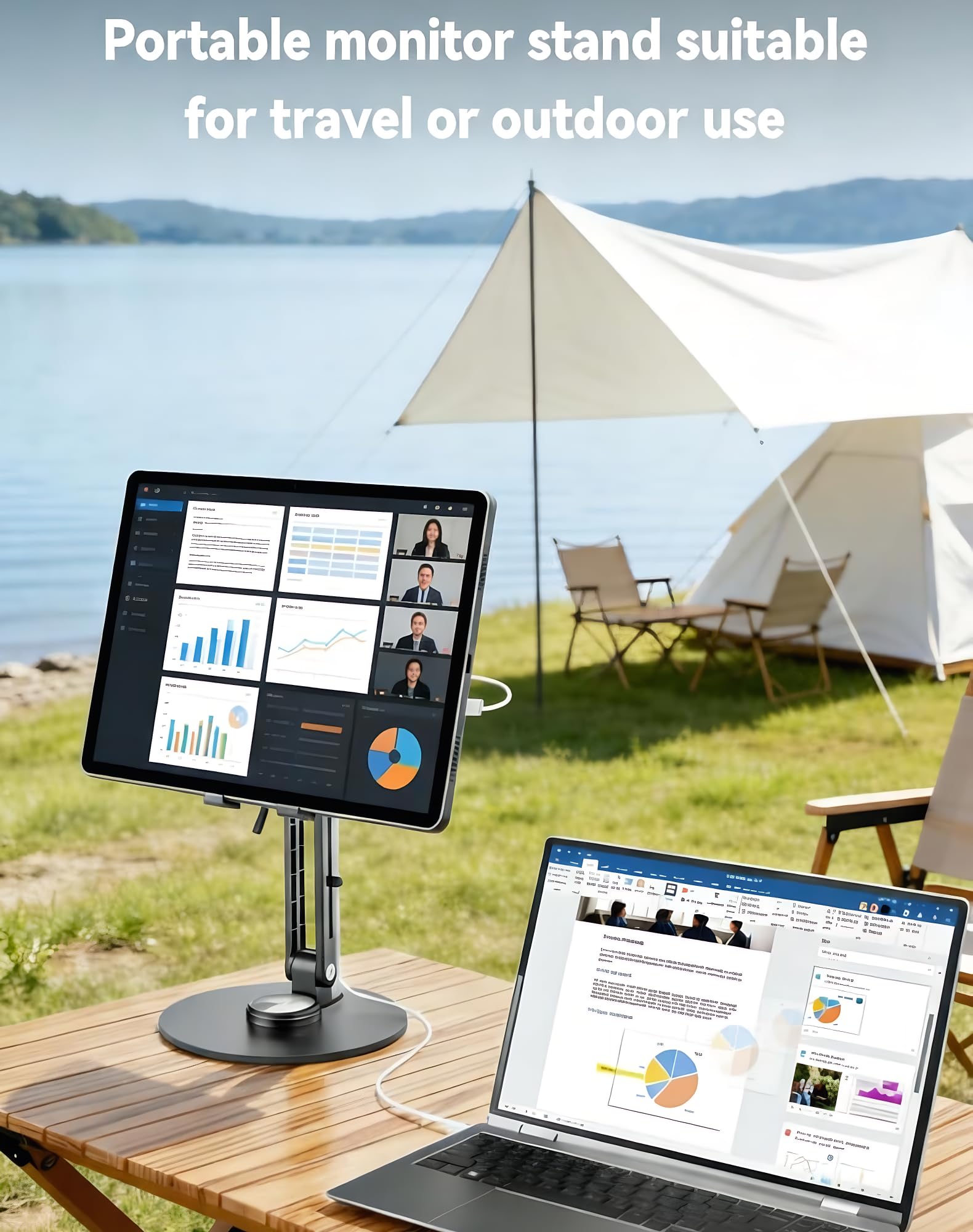 Support Tablette Écran Portable Magnétique Aluminium 360° Rotatif Pliable Réglable Compatible 4.7"-18.5" iPad Moniteur VESA 75mm