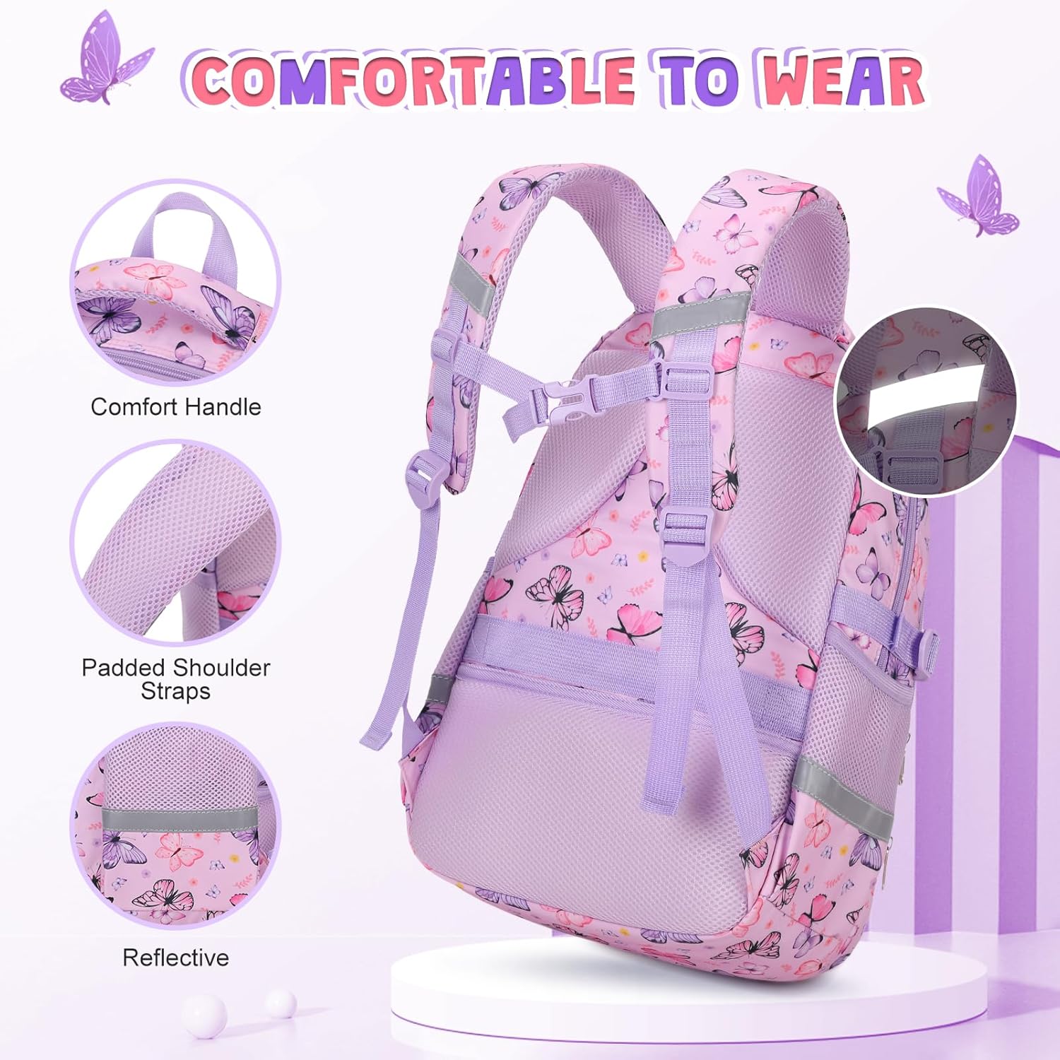 Kids Backpack for Girls, 3PCS Toddler Girls Backpack Set with Lunch Box & Pencil Case, School Bag Cute Bookbag for Preschool Kindergarten Elementary Student Ages 3-12, Butterfly - Image 4