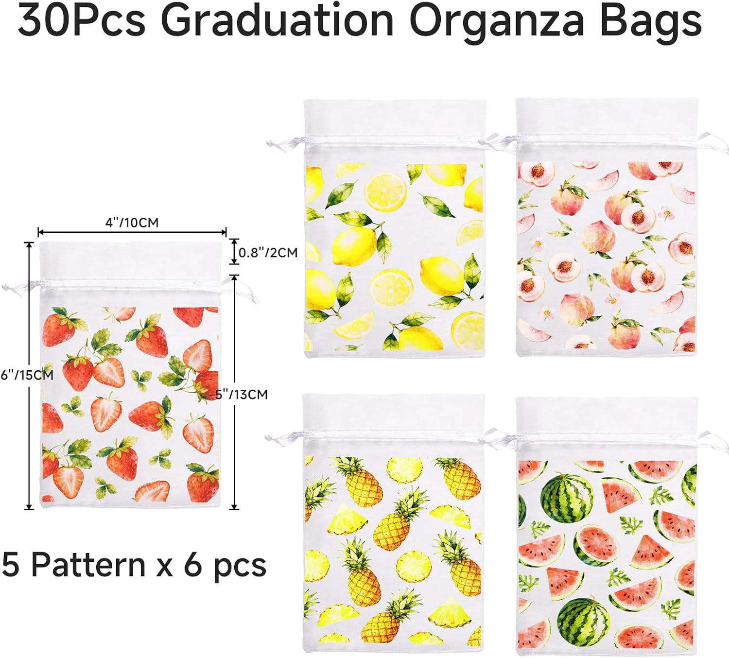 joycraft 30Pcs Furit Organza Bags - 4x6In Summer Drawstring Gift Bags, 5 Style Party Favor Bags for Birthday, Classroom, Vacation, Picnic image 2