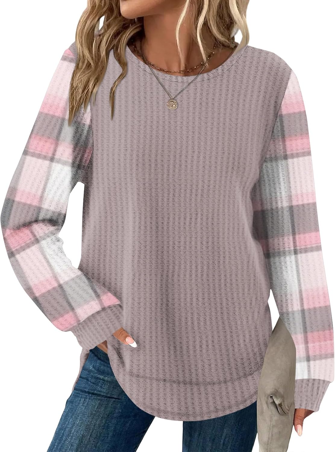 Waffle Knit Tops for Women Oversized Crewneck Sweatshirt Dressy Casual Loose Fit Tunic Tops Long Sleeve Fall Shirts