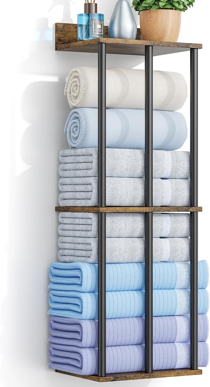 34 Inch Bathroom Towel Rack with Shelf – Modern Towel Holder for Bathroom Wall Mounted, Holds 6 Large Bath Towels, Rolled Towel Organizer for Bathroom, Laundry Room, and Small Space Storage, 3-Tier