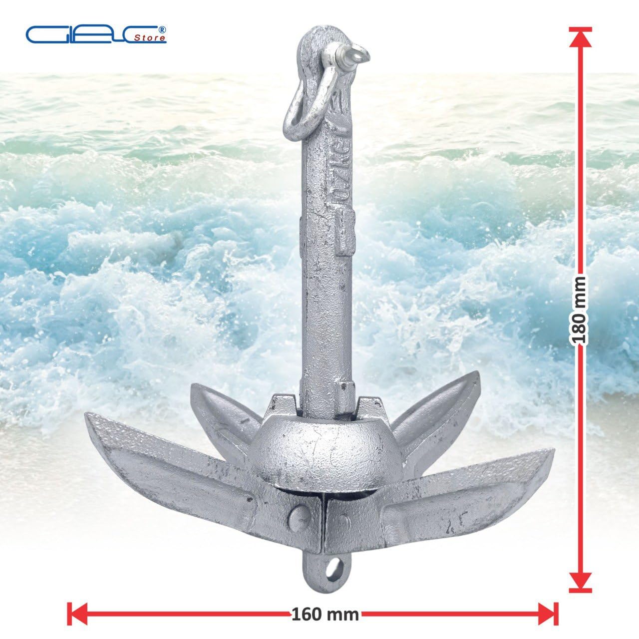 Ancora ad Ombrello Pieghevole in Acciaio AISI 316, 0,7 kg, 160x180 mm, con Cima 8 m e Moschettone, per Pesca e Kayak