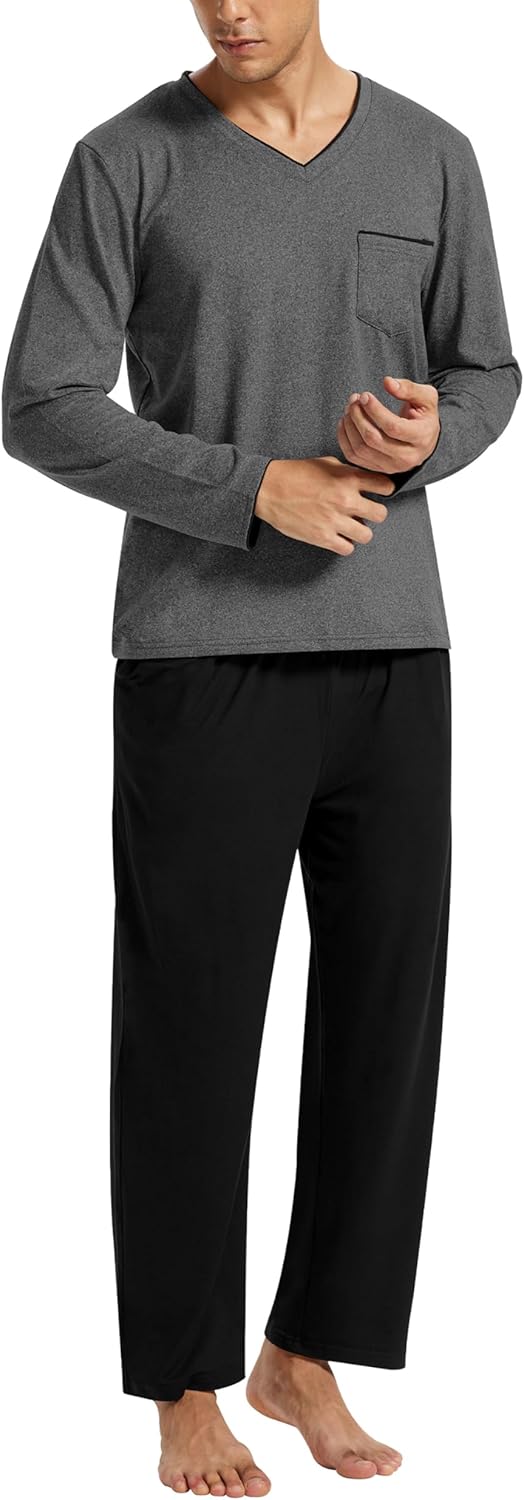 Pajamas for Men & Women Long Sleeve 2 Piece Sleep Lounge V Neck Lightweight Soft Loungewear Sets With Pockets - Image 3