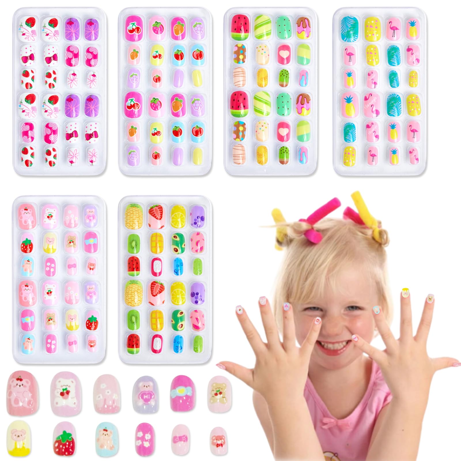 Press on Nails for Kids 144Pcs, 6 Pack Kid Press on Nail for Girls Colorful Patterns Kids Fake Nails Pre-glue Full Cover Acrylic Nail Art Christmas