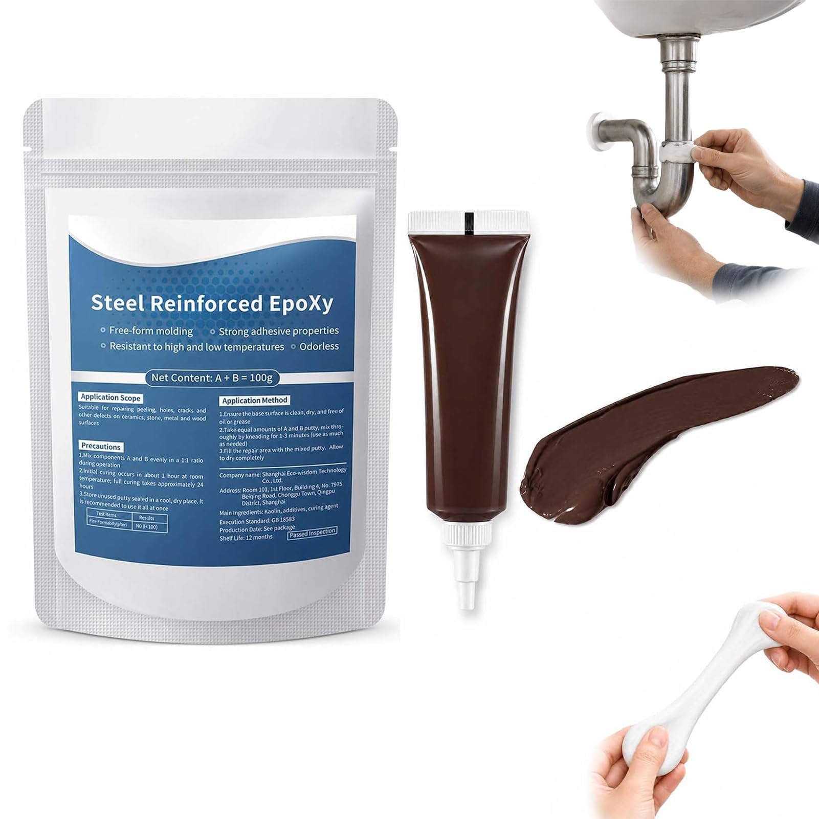 Strong Clay Iron Adhesive, 100/200/500 G High-Strength Multi-Purpose Repair Clay, Steel Reinforced Epoxy Putty, for Bonding Metal Wood Plastic Ceramic Tile (with Black-Brown Repair Paste,100G)
