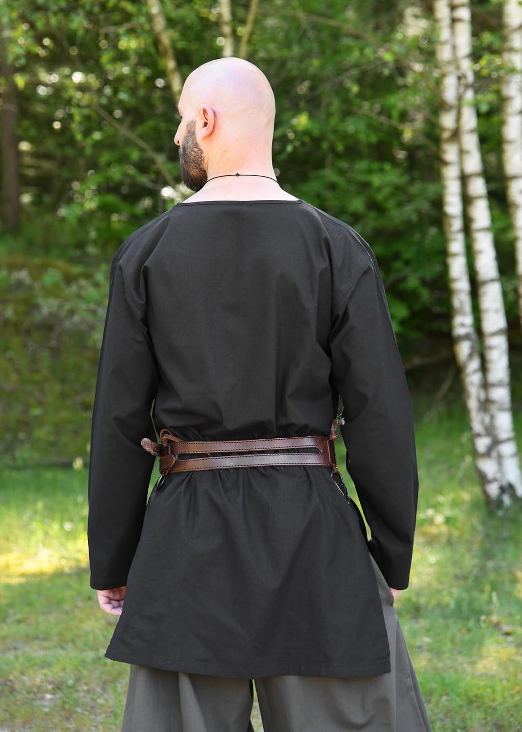 Battle-Merchant Medieval Tunic for Men – Long Sleeve Cotton Renaissance Shirt, Viking LARP Costume Top Gunther, Black, S