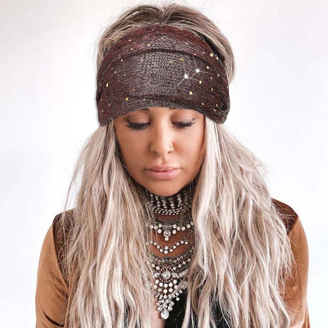 CAKURE Sequin Wide Headband Black Turban Headbands African Glitter Head Wraps Stretchy Bling Hair Wraps Hair Bands Yoga Running Sport Hair Accessories for Women and Girls - Image 3