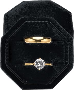 POKOFO Premium Velvet Ring Bearer Box for Proposal Engagement Wedding Ceremony - Equilateral Octagon Vintage Double Ring Display Holder with Detachable Lid Black