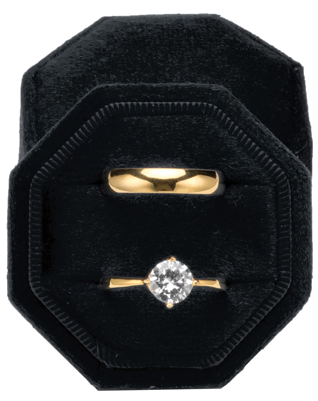 Pokofo Black Premium Velvet Ring Bearer Box For Proposal Engagement Wedding Ceremony - Equilateral Octagon Vintage Double Ring Display Holder With Detachable Lid (Black)