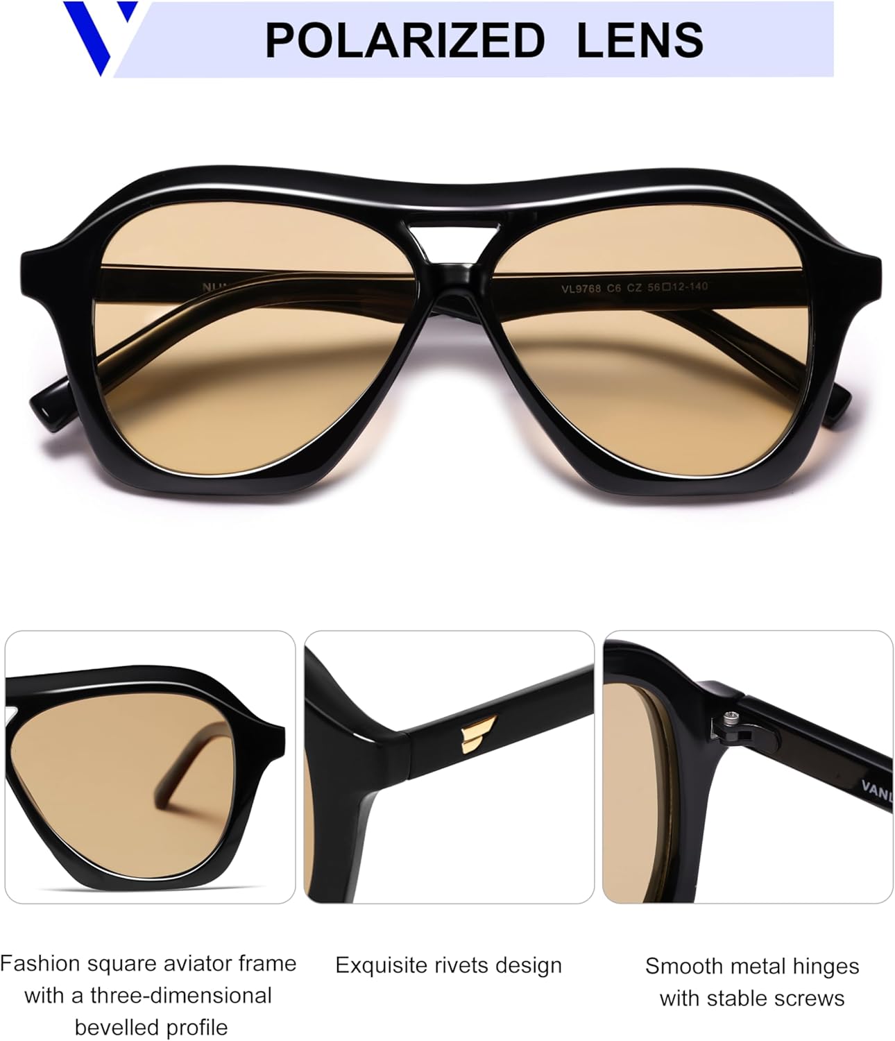 VANLINKER Retro 70s Square Aviator Sunglasses Womens Men Trendy Polarized Vintage Shades VL9768 - Image 3