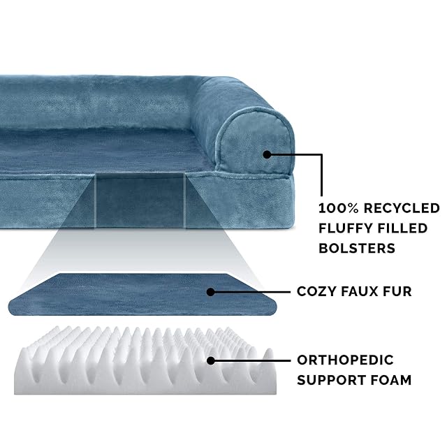 Foto 4 de 8 de Furhaven Large Orthopedic Dog Bed Faux Fur & Velvet Sofa-Style w/Removable Washable Cover - Harbor Blue, Large