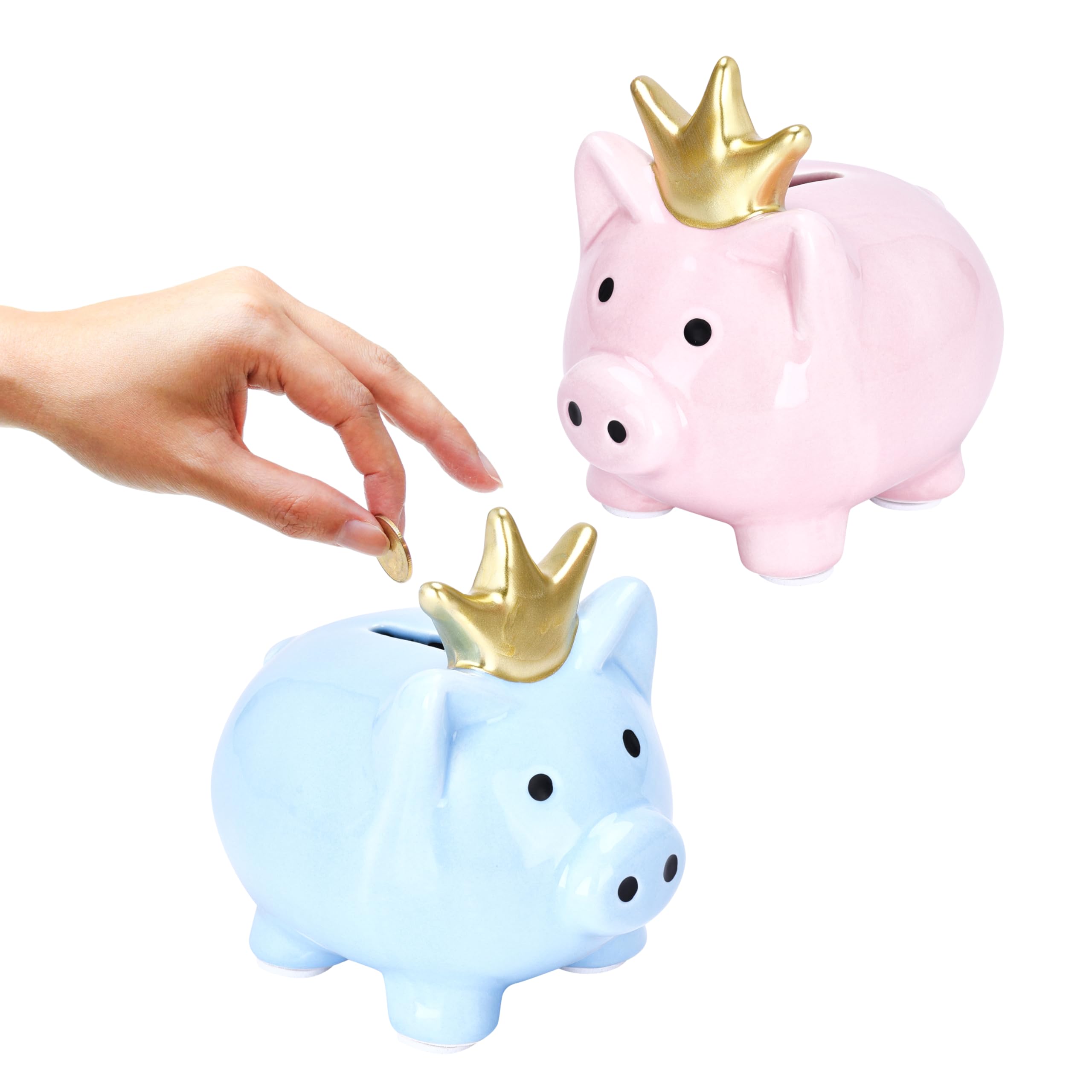 MeantToBe Piggy Bank for Kids - Set of 2 - Unbreakable Ceramic Coin Banks for Boys and Girls - Blue & Pink Kids Piggy Banks - Children's Money Saving Box - 5.1"x4.6"x5.5" inches