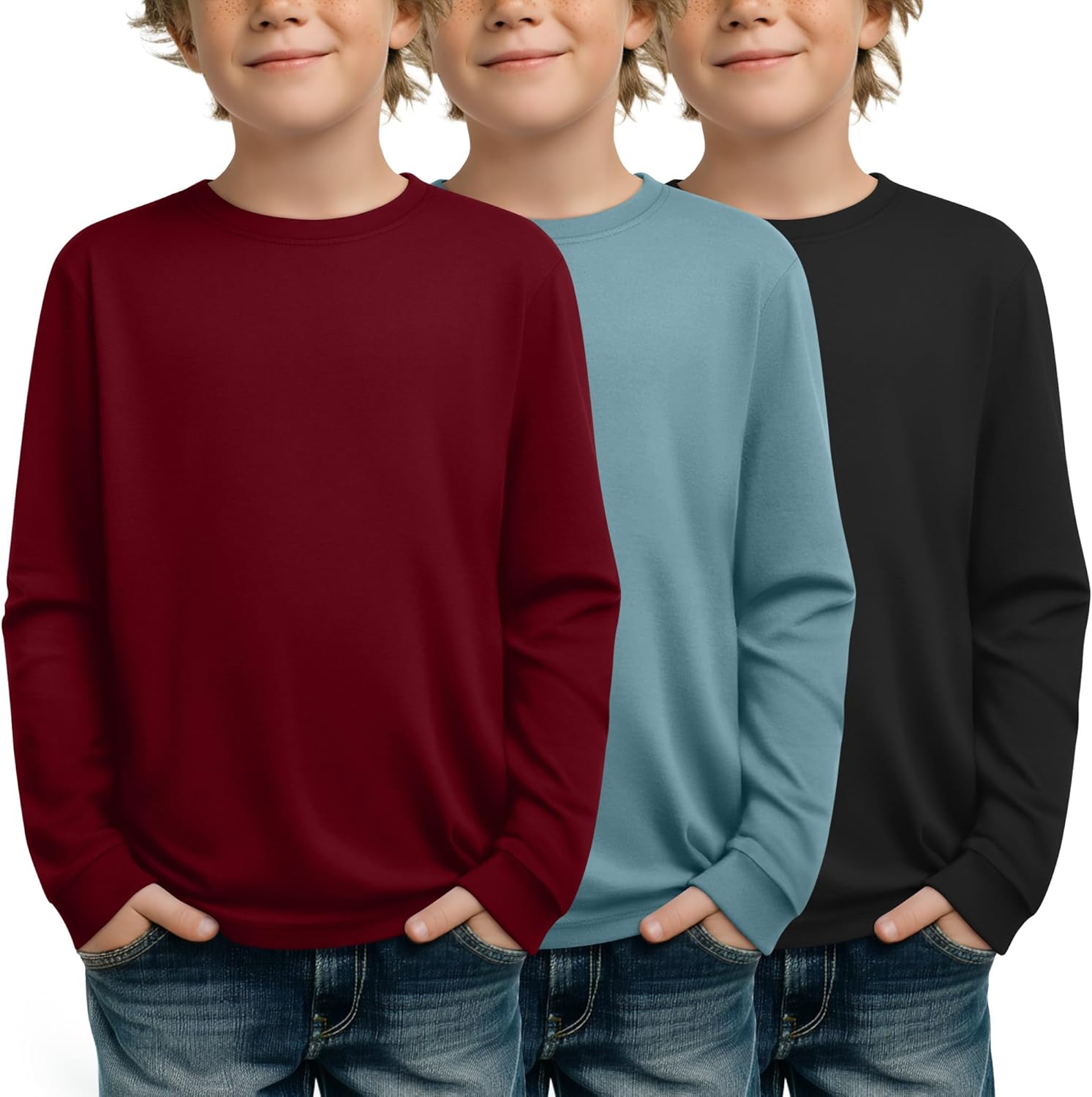 3 Pack Long Sleeve Shirts for Boy Crewneck Youth Undershirts Loose Kids Tops Winter Fall Basic Tee Pullover