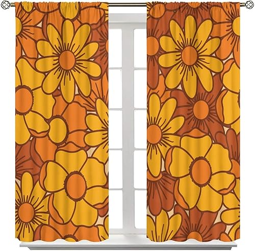 Miniatura 8 de Cortinas opacas inspiradas en los años 70, bonitas flores marrones y amarillas, con bolsillo para barra, para dormitorio, sala de estar, cocina,