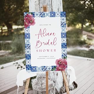 Mediterranean Party Welcome Poster, Blue Tile Theme Entry Sign, Italian Inspired Bridal Shower Display, Elegant Mamma Mia Style Decoration for Bride Celebration, Coastal Event Decor Setup