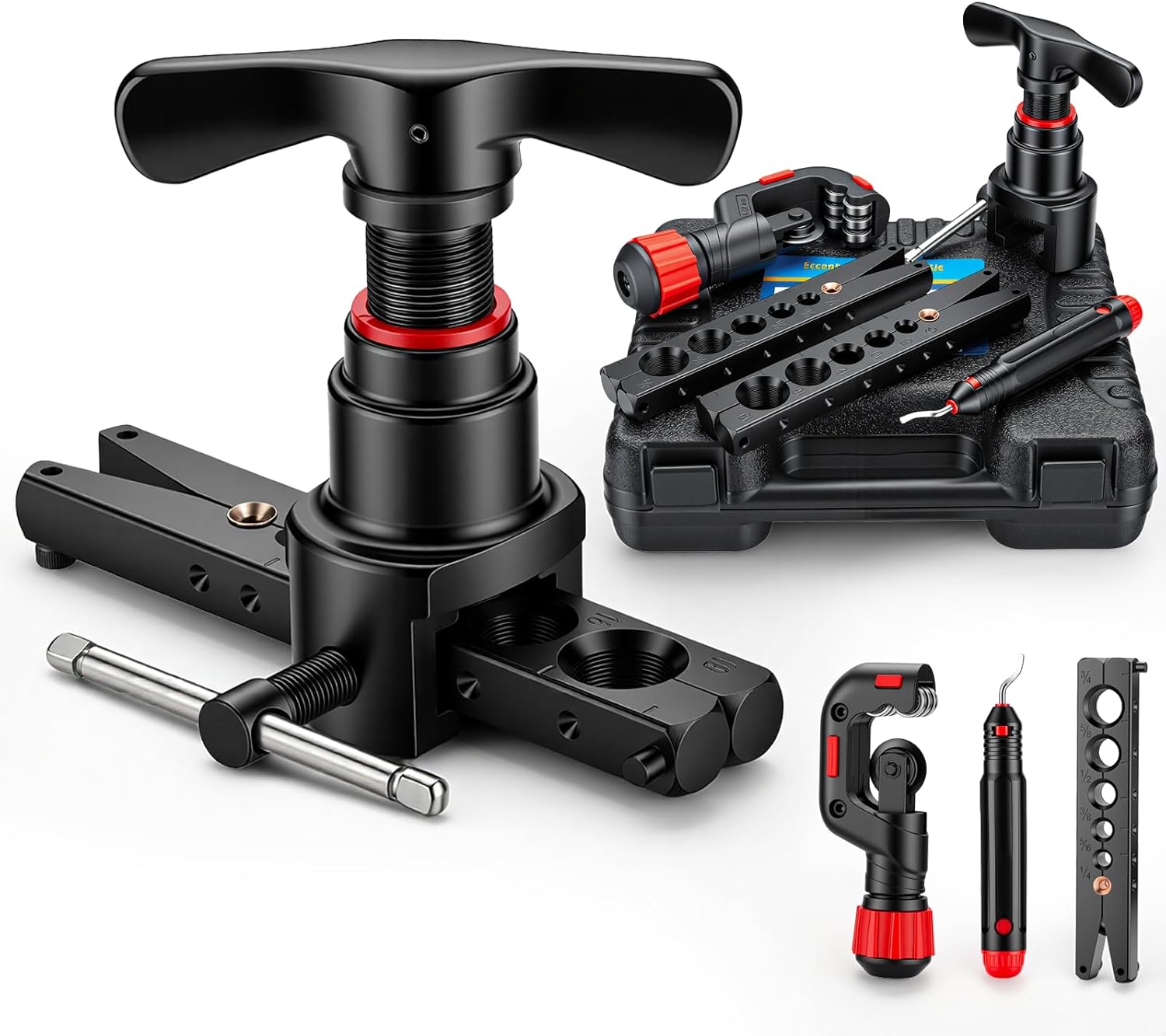 5 in 1 HVAC Flaring Tool Kit for 1/4" to 3/4" Copper Tubing - 45° Eccentric Single Flare Tool with Pipe Cutter, Deburrer for Refrigeration, AC Repair & Installation