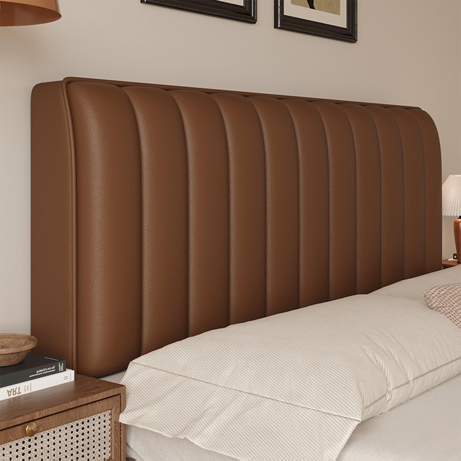 UHVUJDUI Bed Headboard Cover Leather Headboard Cover For King Size Double/single Bed,Headboard Slipcover Elastic Universal Headboard Protection Dustproof Cover(Brown,130cm)