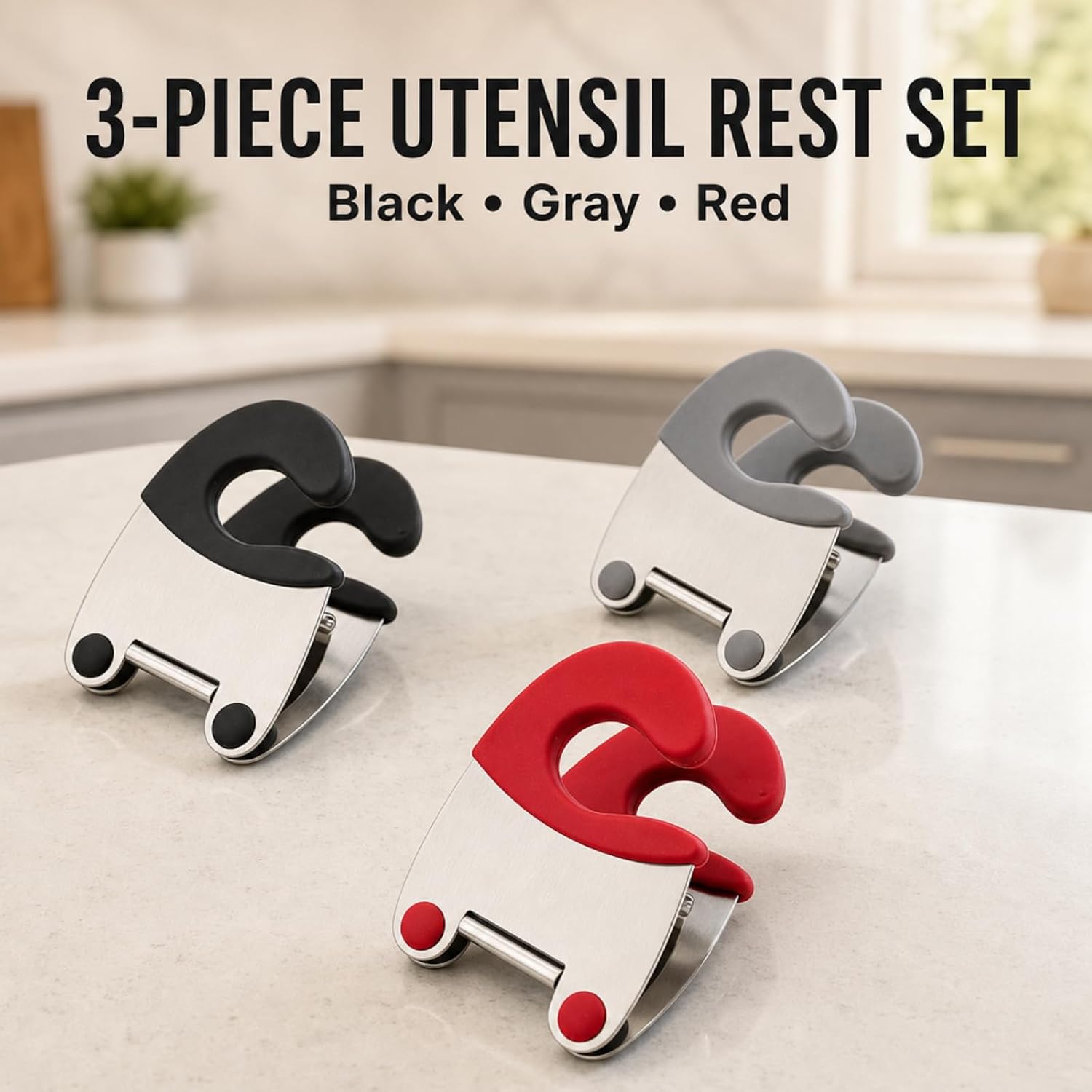 3Pc Silicone Anti Scald Pot Spoon/Clip Holder For Stovetop Kitchen Cooking