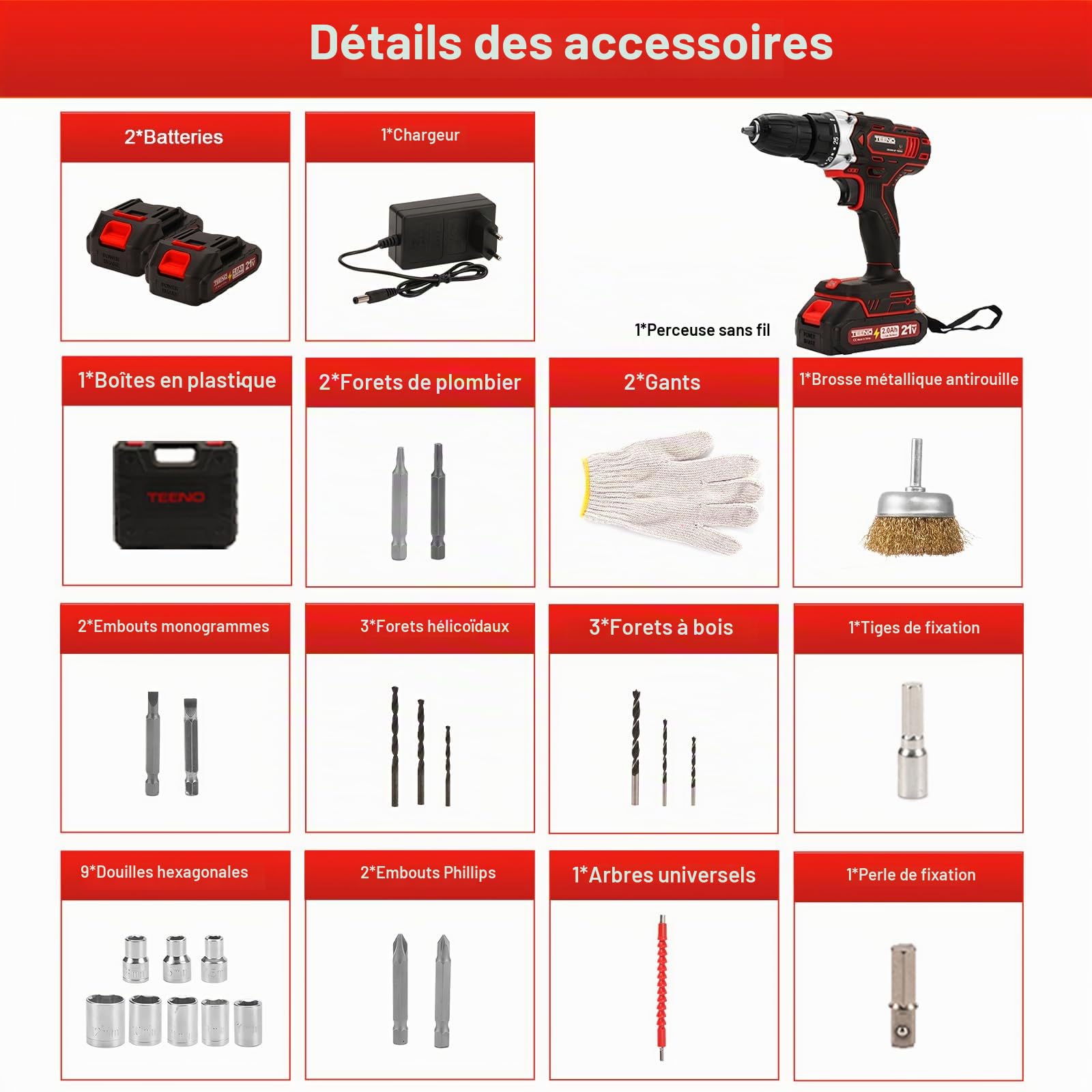TEENO Perceuse Visseuse Sans Fil 21V avec Brosse antirouille métal,45 Nm Visseuse Devisseuse Sans Fil avec 2 Batteries 2.0Ah,25+1 Réglages de Couple,2 Vitesses,LED,31 Accessoires et Valise.