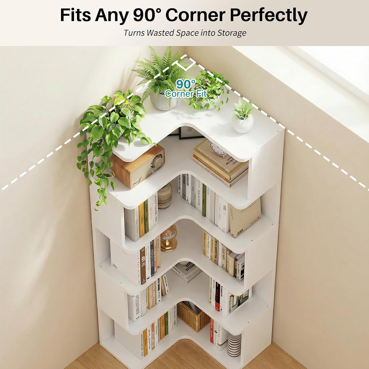 Corner Bookshelf 5-Tier L-Shaped, 66 Inch Tall Wooden Freestanding Bookcase, Modern Display Storage Organizer for Home Office, Living Room, White