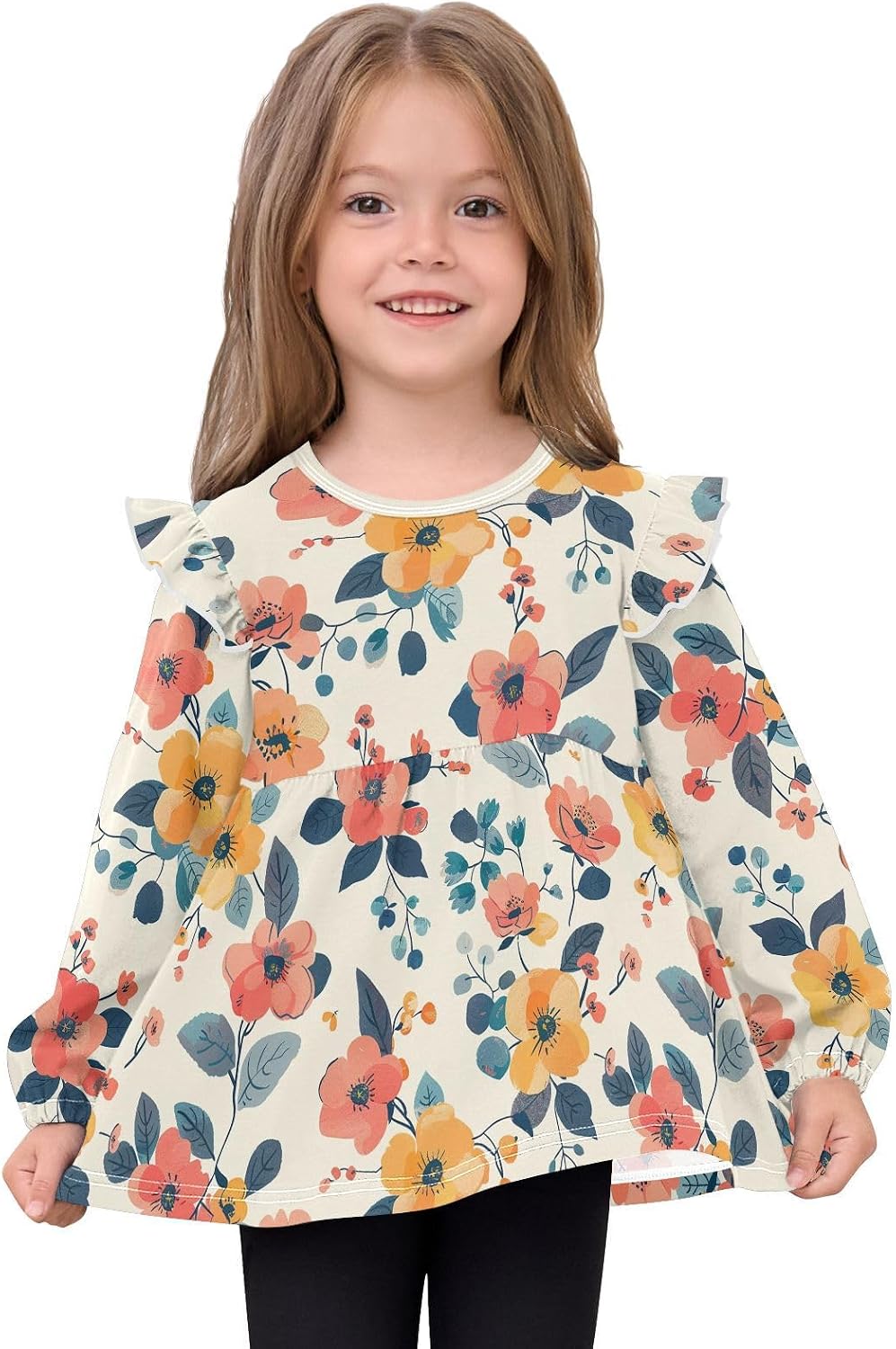visesunny Toddler Clothes for Girls Colorful Wildflower Plant Long Sleeve Fall Shirts Cotton Top with Ruffle Collar