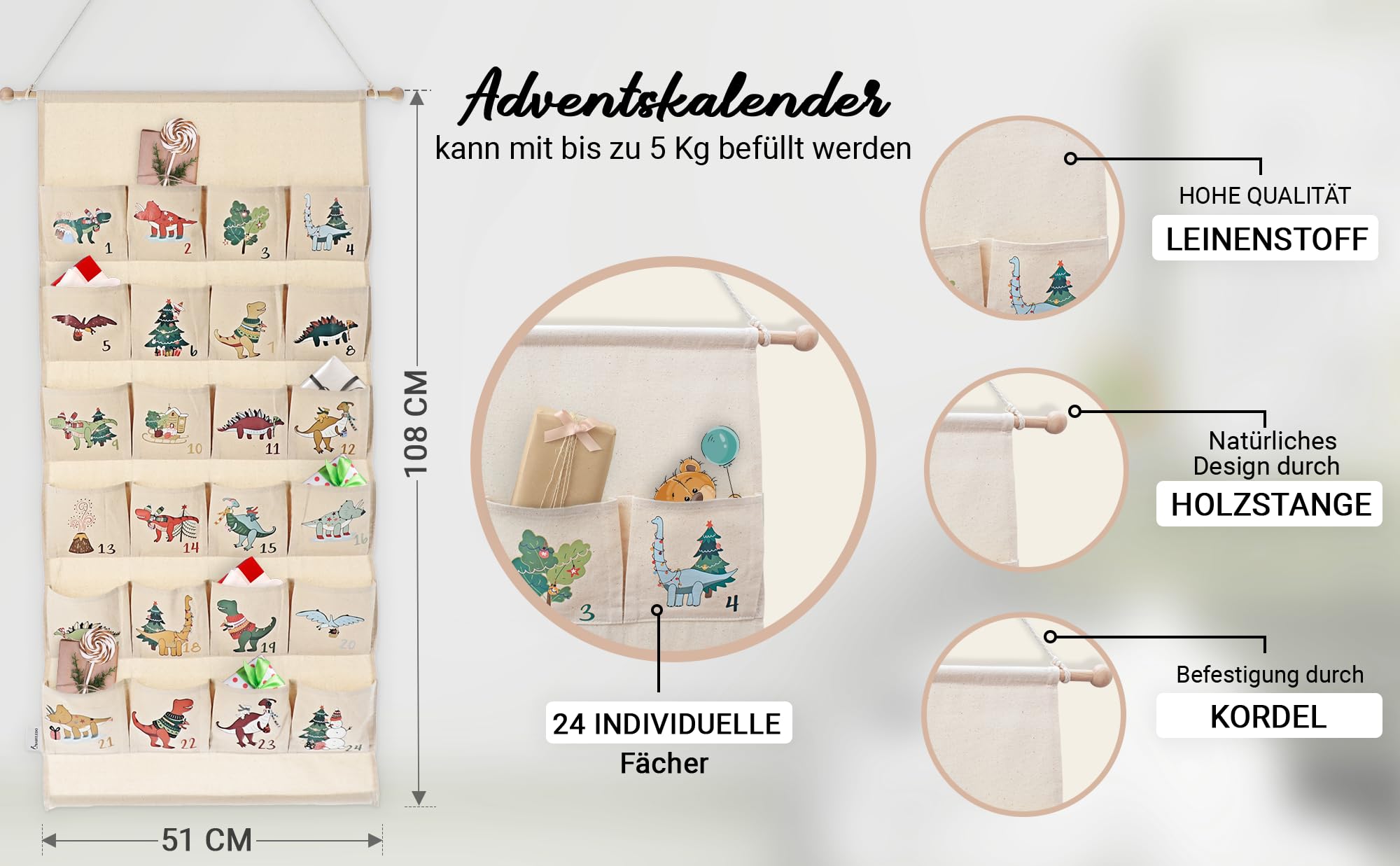 Adventskalender zum Befüllen, hochwertiger Leinen Stoff, 24 Fächer, zum Aufhängen, mit Holzstange, 108 x 51 cm