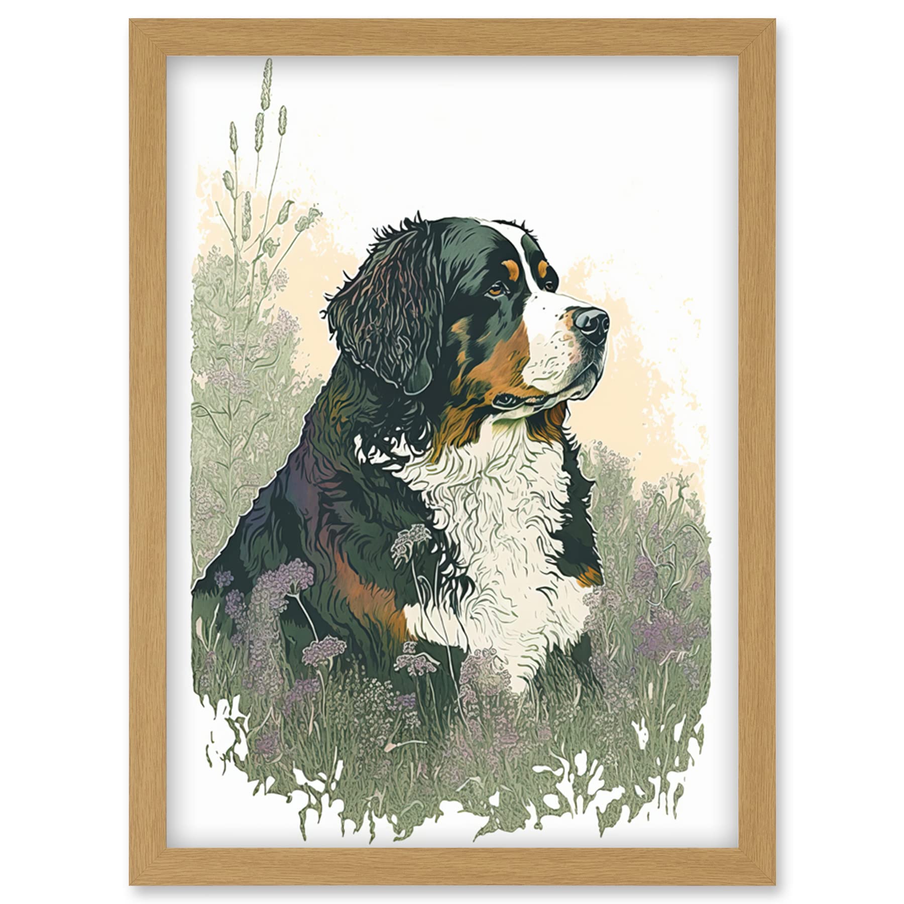 Artery8 Bernese Mountain Dog in Wild Flower Field Watercolour Illustration Artwork Framed Wall Art Print A4
