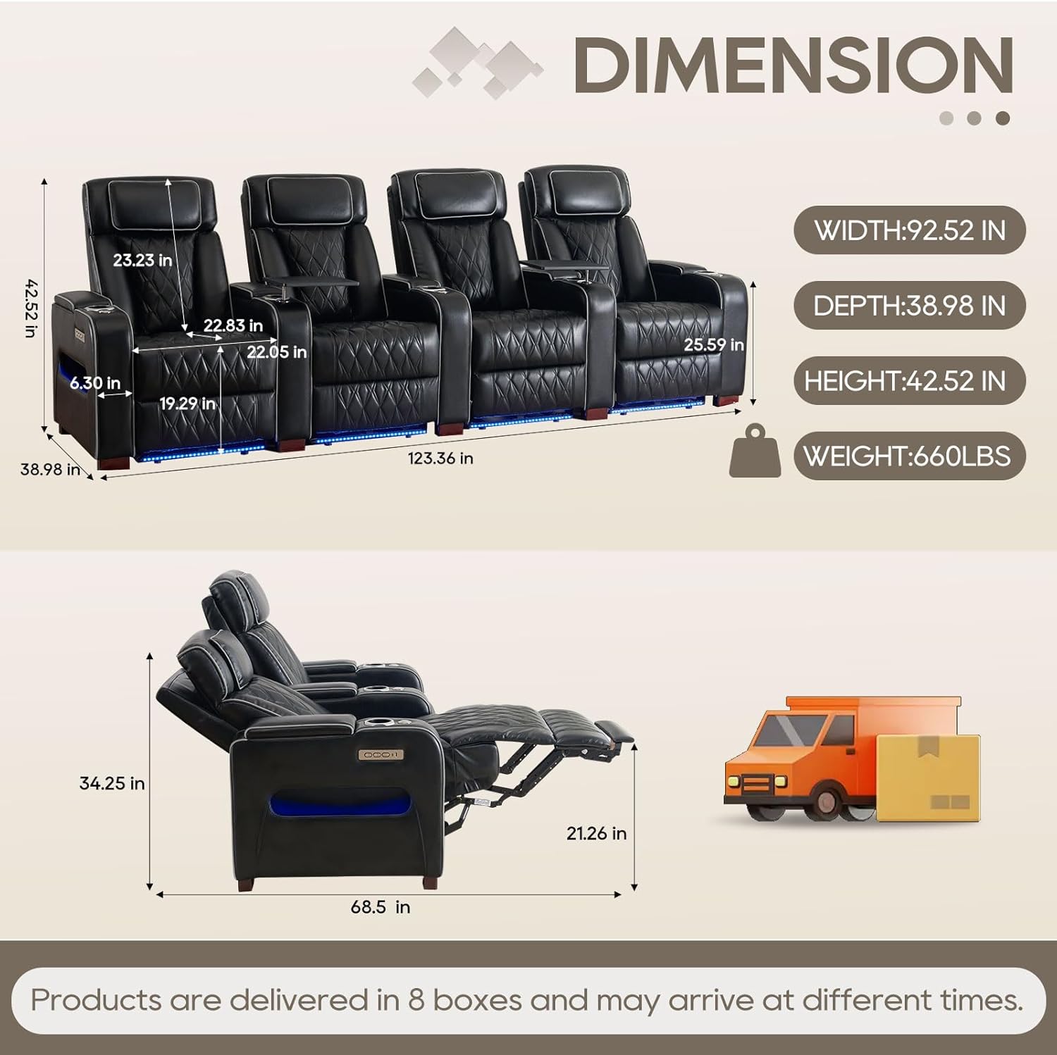 Luxury Home Theater Seating – Power Recliner with Adjustable Headrests, Blue LED Ambient Lighting, Tray Table, USB & Type-C Charging (Black,4 Seat)