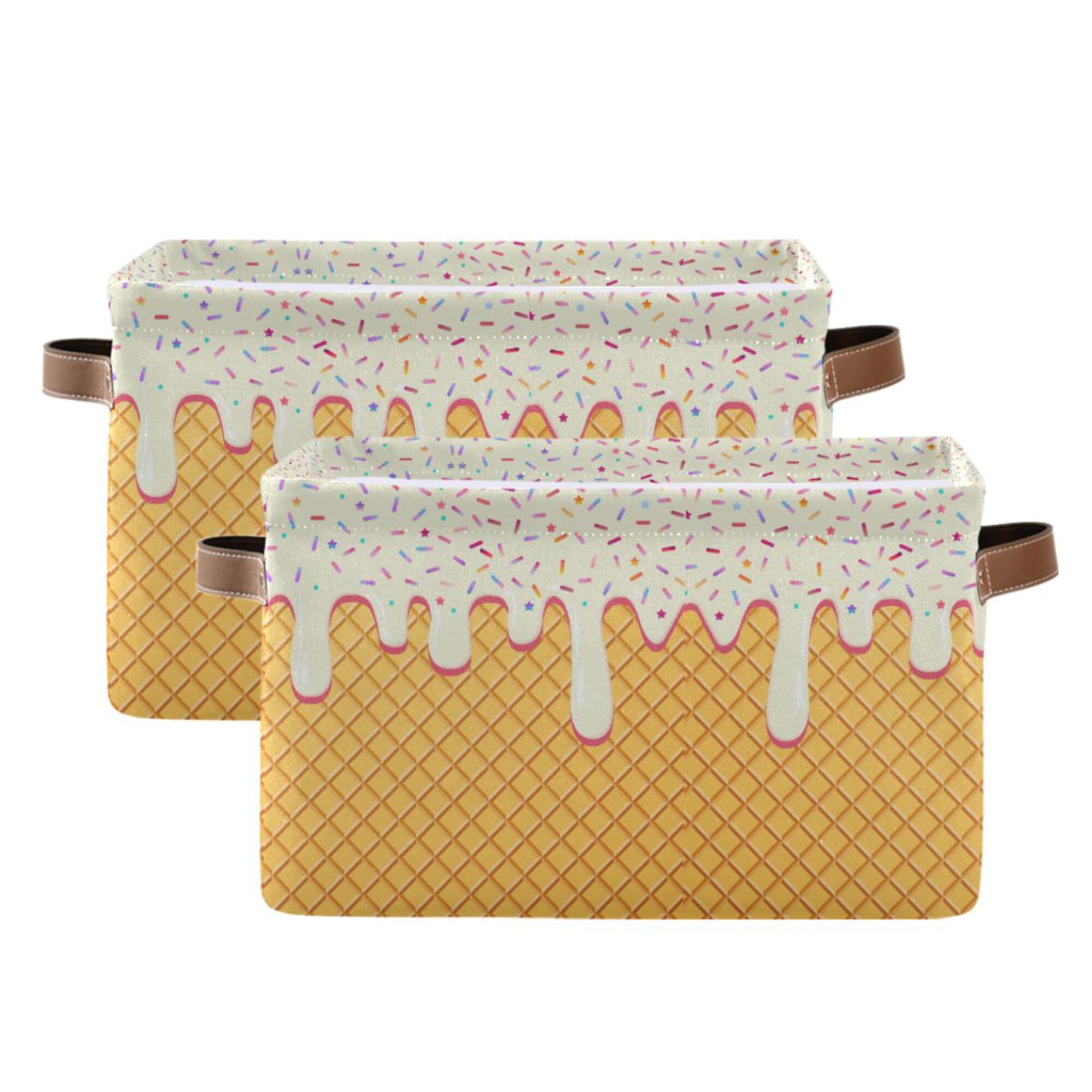 Wamika Ice Cream Drip Baseball Storage Basket with Waterproof Liner and PU Handles White Vanilla Storage Bins Boxes 14.2" Collapsible Decorative Organizer Baskets for Bedroom Closet Office 2 Pack
