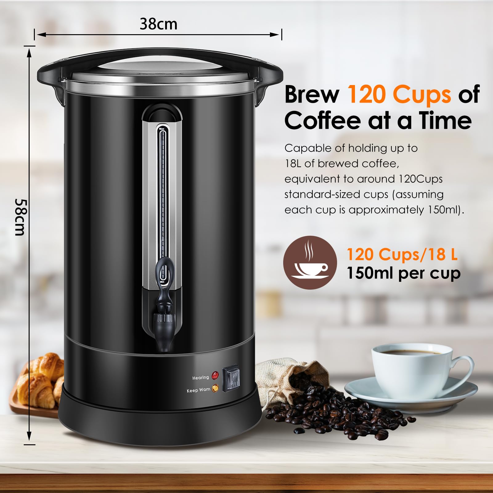 Homtone Cafetera con filtro redondo, 120 tazas/18L, cafetera grande de acero inoxidable de doble pared con grifo, ideal para fiestas, dispensador de agua caliente para café y té, 1500 W (Negro)