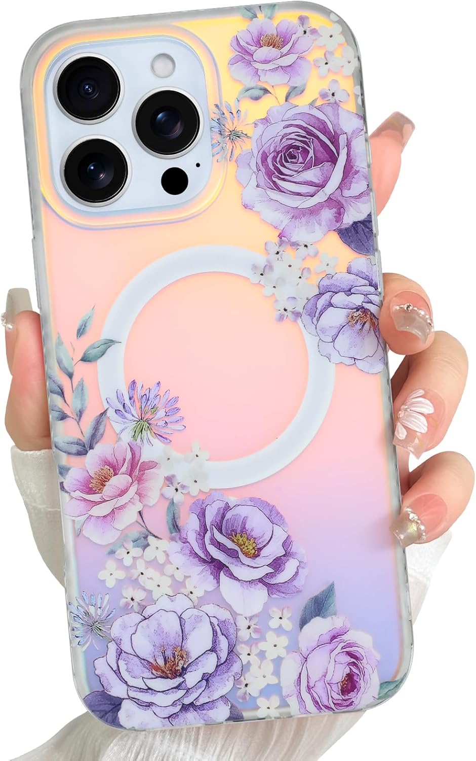 Designed for iPhone 16 Pro Max Case [Compatible with MagSafe] Iridescent Fluorescent Phone Case with Pink Purple Floral Patterns for Women and Girls