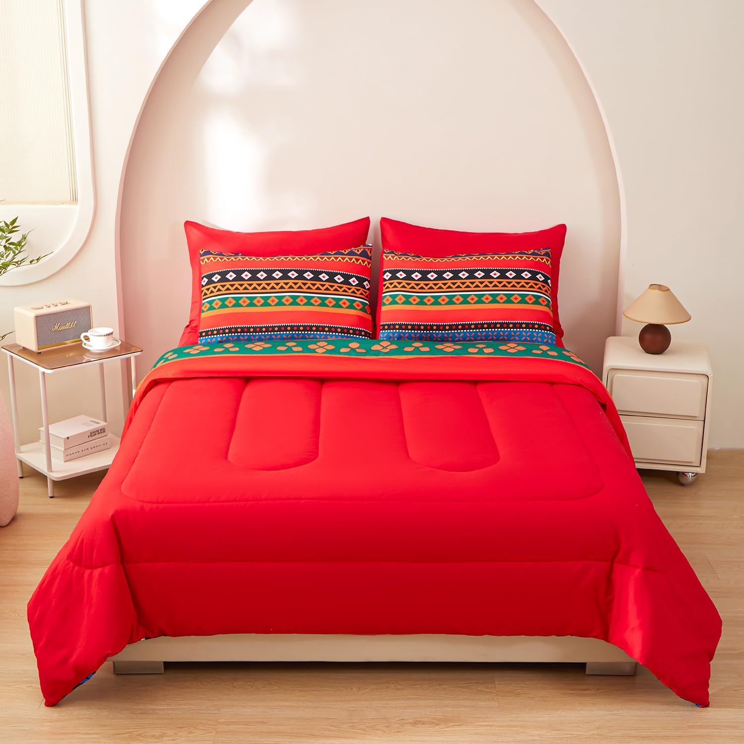 Queen Comforter Set, Boho Red & Geometric Stripes Bedding, Includes 1 Comforter & 2 Pillow Shams, Bed in a Bag, Vibrant Colors, High-Definition Digital Print, Soft Microfiber