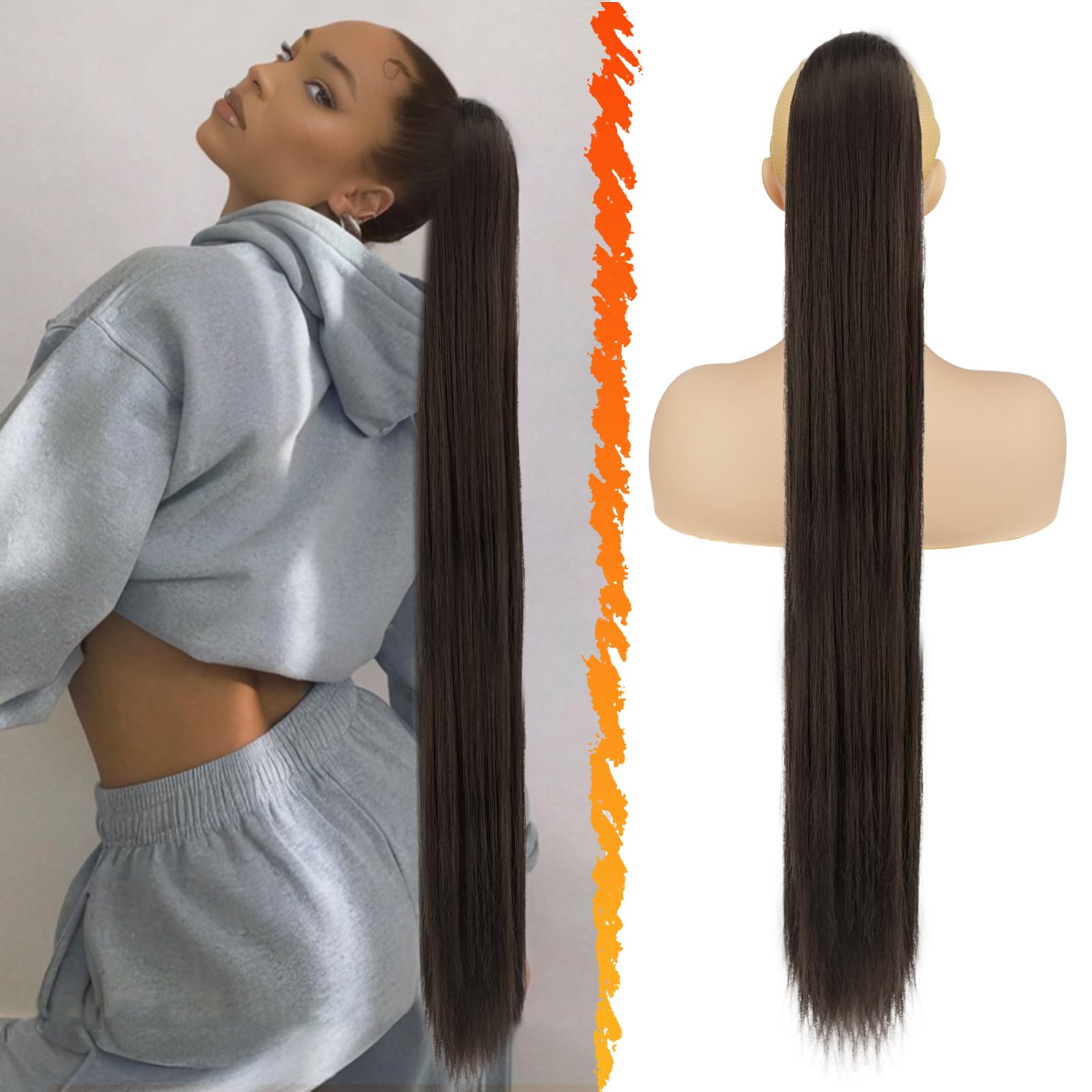 BARSDAR Queue de Cheval Extension avec Cordon, 86cm Longue Raides Queue de Cheval Extension Cheveux Synthétique Faux Ponytail Postiche Clip in Ponytail pour Femmes Quotidienne - Brun Foncé
