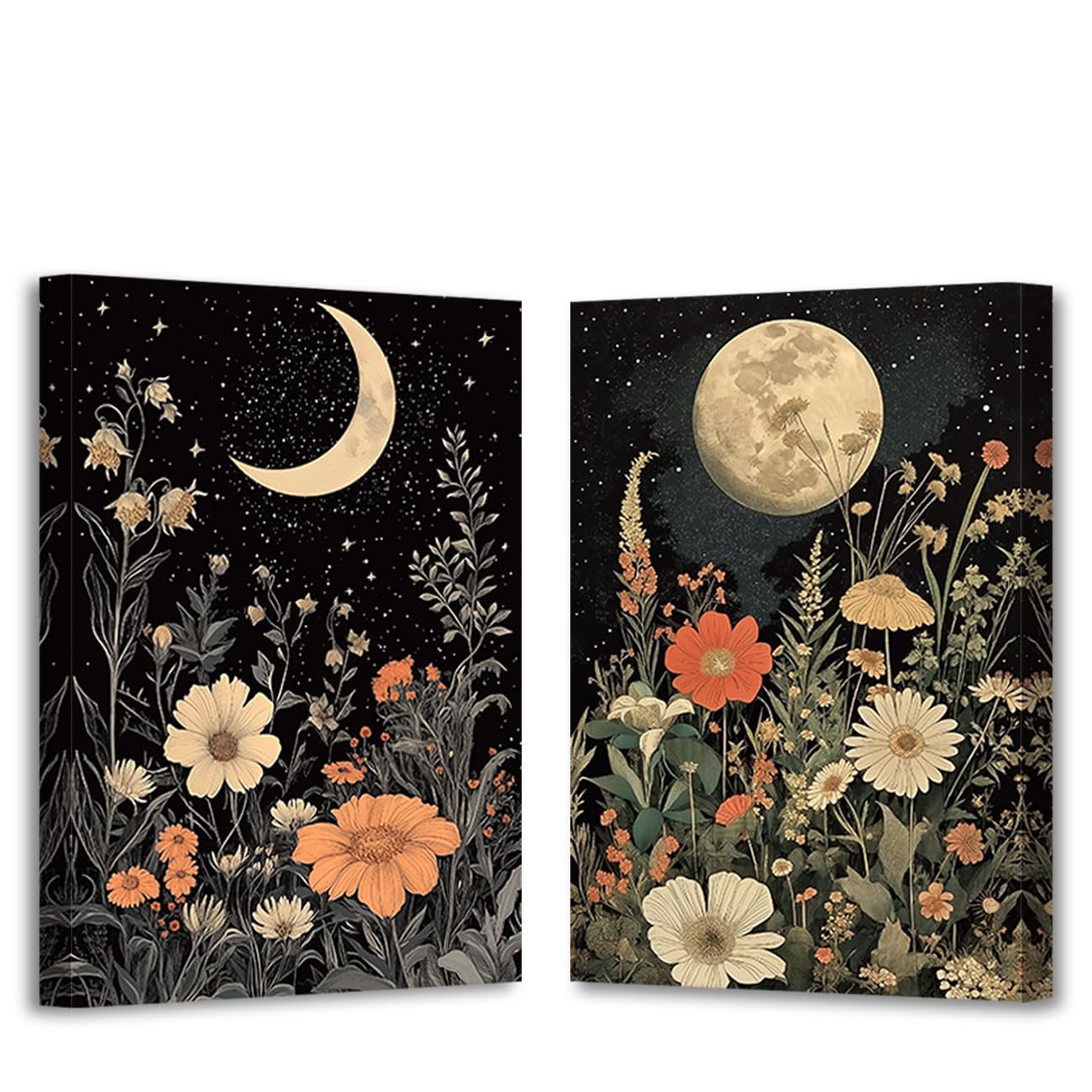 DOARTDO Moon Canvas Wall Art Vintage Moon Floral Picture Print 2 Pieces Celestial Moon Wall Decor Living Room Office Bedroom Decor Frame (