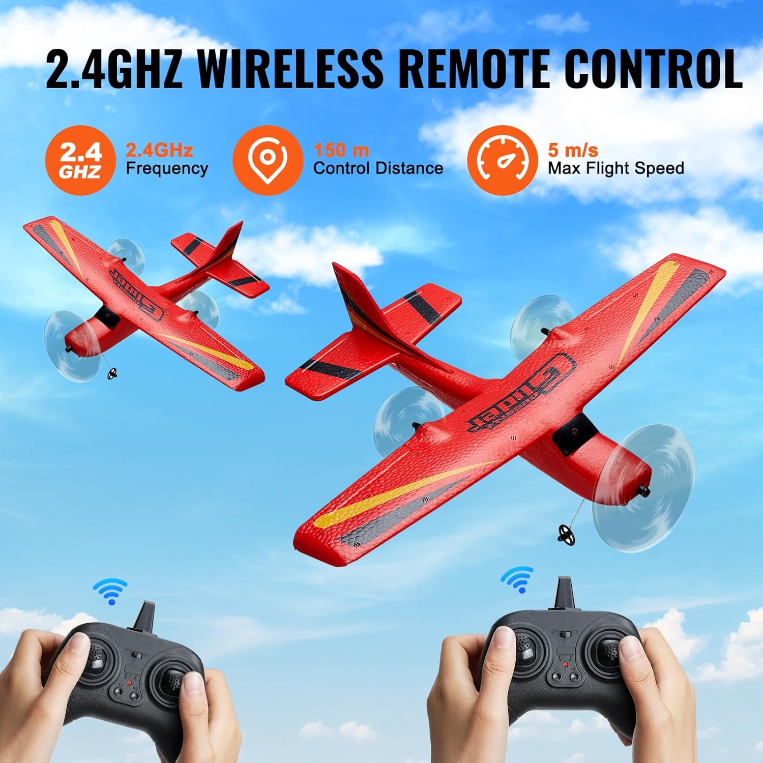 Two VEVOR RC Airplanes flying with remote controls, illustrating 2.4GHz wireless control and 150m control distance.